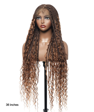 Triangle Base Full Lace Tangleless Human Hair Boho Curls Knotless Boho Box Braided Wig 36"（US only）