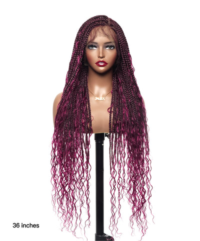 JALIZA Burgundy Knotless Boho Box Braided Wig, 36 inch high density triangle base braided wig with curly human hair boho ends, shown worn on a mannequin against a white background with "36 inches" text in the corner