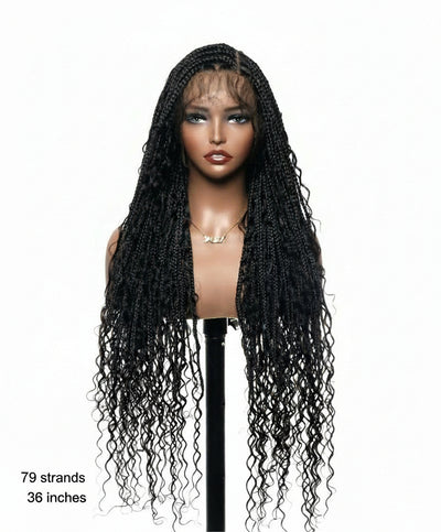 Clearance Item - Triangle Base HD Full Lace Human Hair Boho Curls Knotless Boho Box Braided Wig 36"