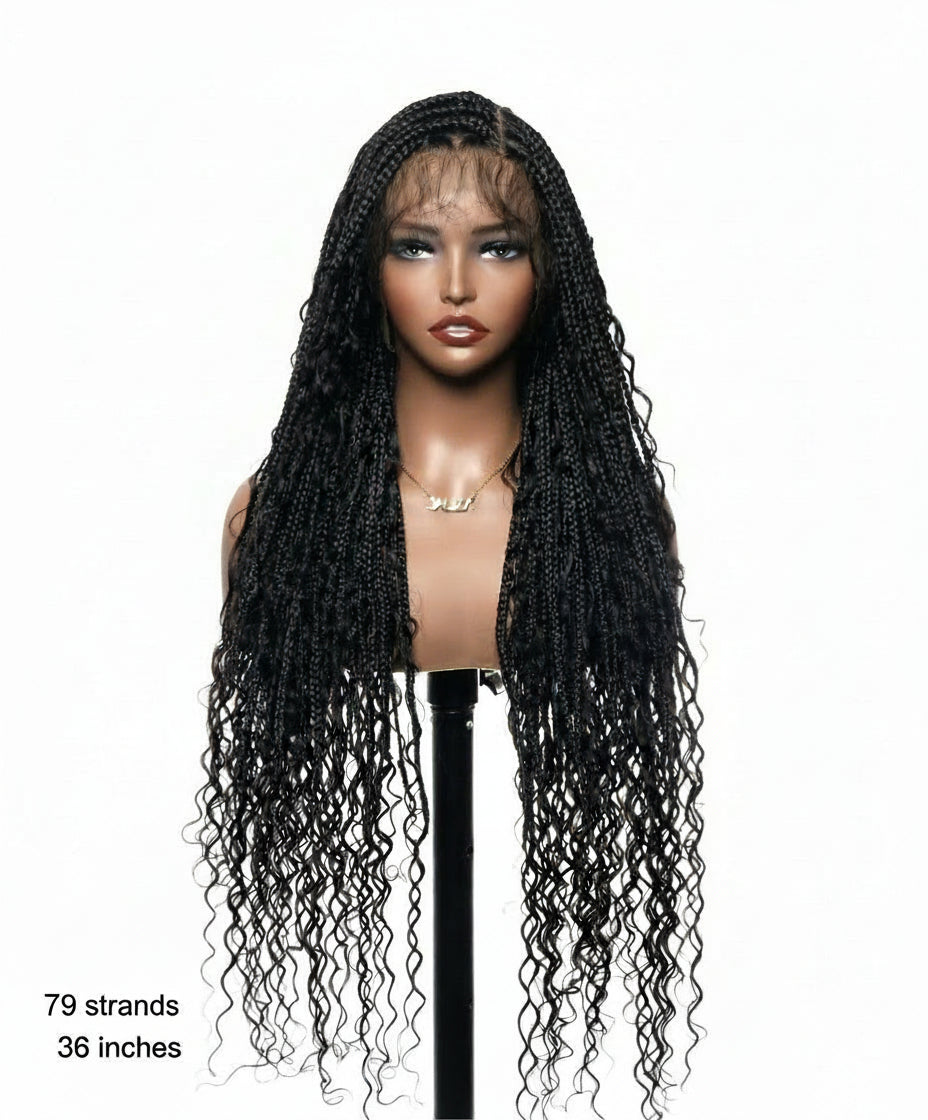 Large Head Size Exclusive - Triangle Base HD Full Lace Human Hair Boho Curls Knotless Boho Box Braided Wig 36"