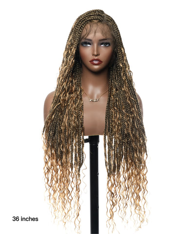 Triangle Base Full Lace Tangleless Human Hair Boho Curls Knotless Boho Box Braided Wig 36"（US only）