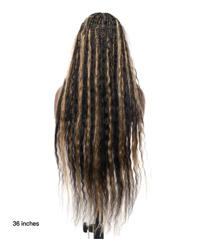 36" Piano Color Honey Blond & Black Pre Bleached Human Hair Lace Wet & Wavy Super Style HD Lace Knotless Boho Box Braided Wig