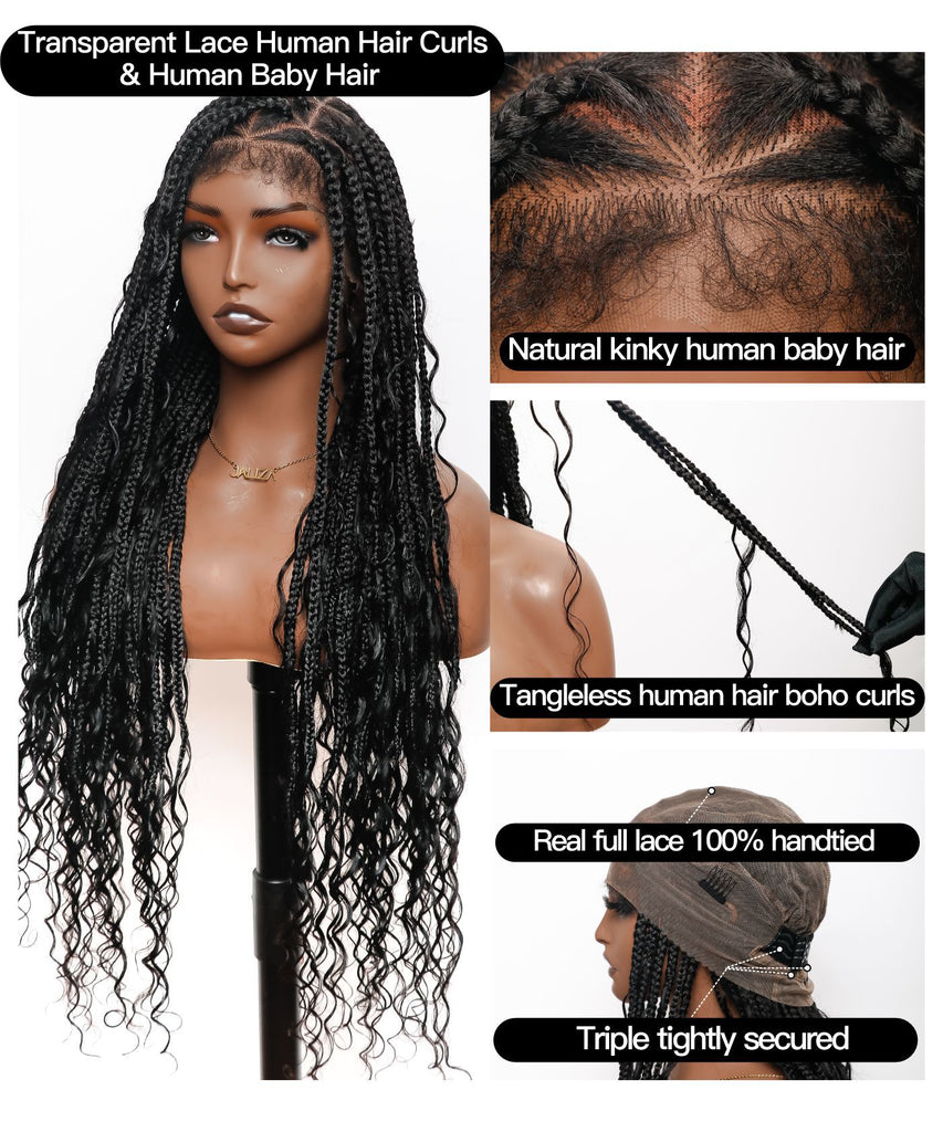 Tangleless Human Hair Boho Curls HD Lace Box Braided Wig 36