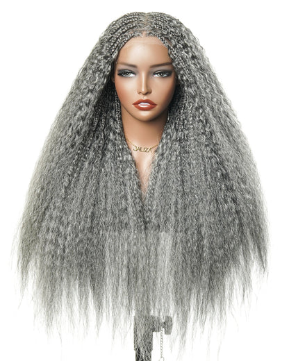 28" Kinky Straight Boho Box Braided Wig - Pre Braided HD Full Lace Virgin Human Hair Ultra Full 121 Strands