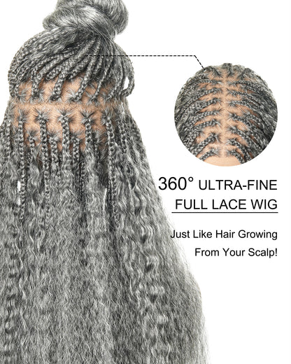 28" Kinky Straight Boho Box Braided Wig - Pre Braided HD Full Lace Virgin Human Hair Ultra Full 121 Strands