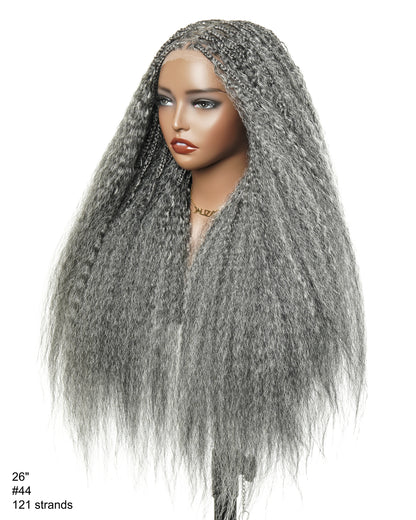28" Kinky Straight Boho Box Braided Wig - Pre Braided HD Full Lace Virgin Human Hair Ultra Full 121 Strands