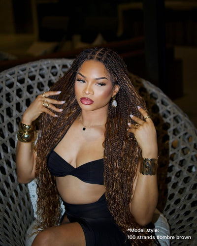 36" Human Hair Boho Curls Swiss HD Lace Knotless Box Braided Wig Full Hand-tied - Human Baby Hair