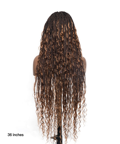 Triangle Base Human Hair Boho Curls 36" HD Full Lace Knotless Boho Box Braided Wig Full Density 99 Strands