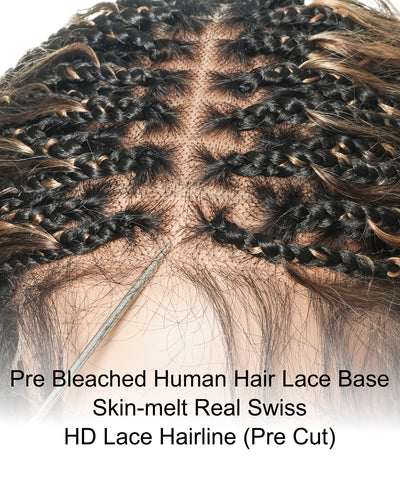 Raina - 22" Bora Bora Human Hair Wet & Wavy Curls Pre Bleached Swiss HD Full Lace Boho Braided Wig