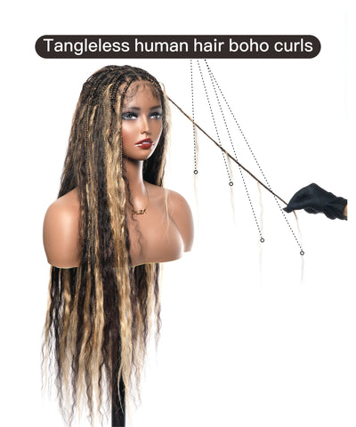 36" Piano Color Honey Blond & Black Pre Bleached Human Hair Lace Wet & Wavy Super Style HD Lace Knotless Boho Box Braided Wig