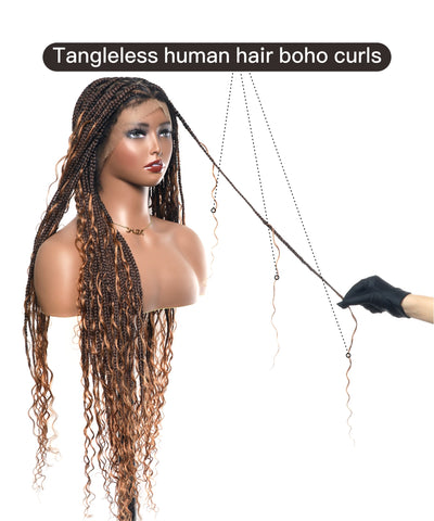 Clearance Item - Triangle Base HD Full Lace Human Hair Boho Curls Knotless Boho Box Braided Wig 36"