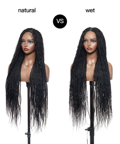 36" Wet & Wavy Human Hair Boho Curls HD Lace Tangleless Super High Density Knotless Boho Box Braided Wig