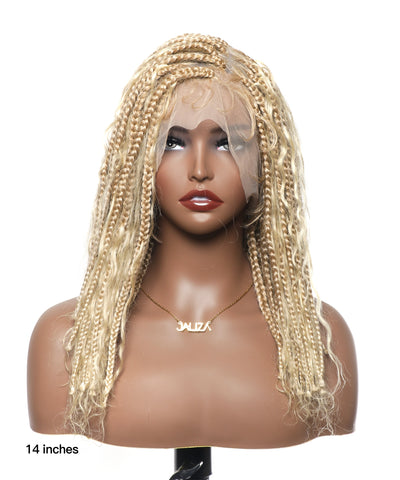 14" Human Hair Boho Curls High Density Triangle Base Knotless Boho Box Braided Wig 102 Strands