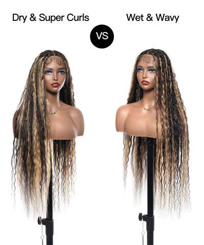 36" Piano Color Honey Blond & Black Pre Bleached Human Hair Lace Wet & Wavy Super Style HD Lace Knotless Boho Box Braided Wig