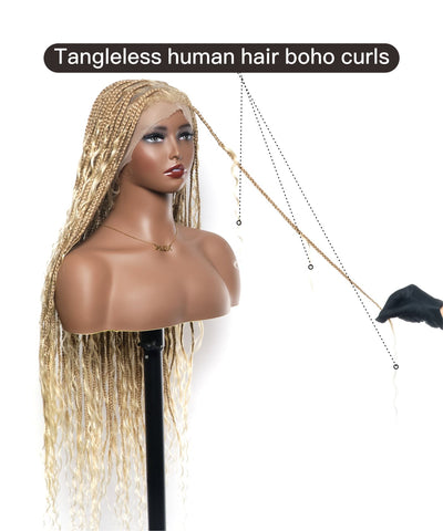 Clearance Item - Triangle Base HD Full Lace Human Hair Boho Curls Knotless Boho Box Braided Wig 36"