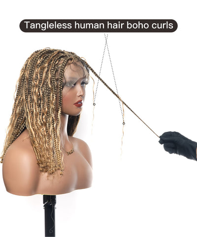 14" Human Hair Boho Curls High Density Triangle Base Knotless Boho Box Braided Wig 102 Strands
