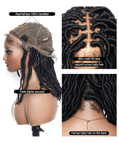 14“ Pre Bleached Human Hair HD Full Lace Locs Braided Wig 80 Strands