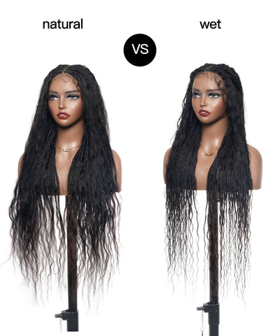 36" Wet & Wavy Human Hair Boho Curls HD Lace Tangleless Super High Density Knotless Boho Box Braided Wig