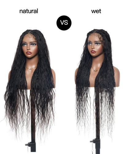 36" Wet & Wavy Human Hair Boho Curls HD Lace Tangleless Super High Density Knotless Boho Box Braided Wig