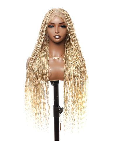 Clearance Item - Triangle Base HD Full Lace Human Hair Boho Curls Knotless Boho Box Braided Wig 36"