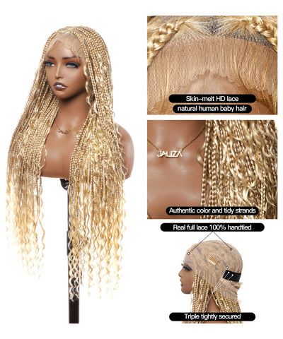 Clearance Item - Triangle Base HD Full Lace Human Hair Boho Curls Knotless Boho Box Braided Wig 36"