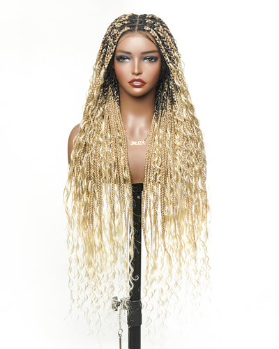 100% Hand-Tied Full Transparent Lace Human Hair Boho Curls Knotless Boho Box Braided Wig