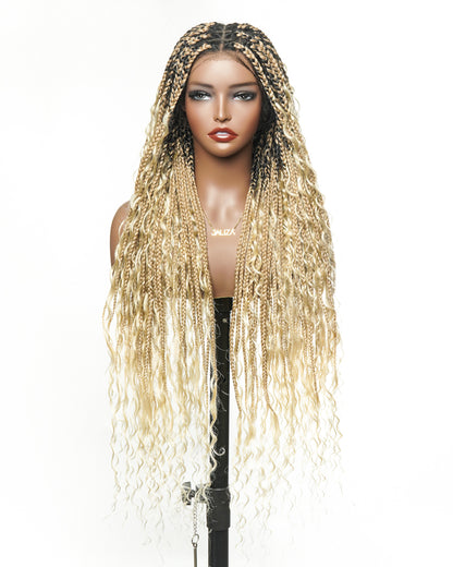 Full Transparent Lace Human Hair Boho Curls Knotless Boho Box Braided Wig 86 Strands