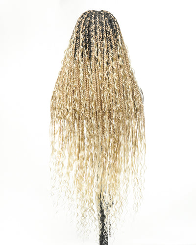 100% Hand-Tied Full Transparent Lace Human Hair Boho Curls Knotless Boho Box Braided Wig