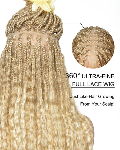 Raina - 22" Bora Bora Human Hair Wet & Wavy Curls Pre Bleached Swiss HD Full Lace Boho Braided Wig