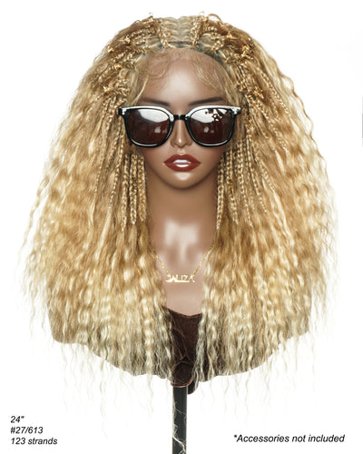 Raina - 22" Bora Bora Human Hair Wet & Wavy Curls Pre Bleached Swiss HD Full Lace Boho Braided Wig