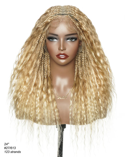 Raina - 22" Bora Bora Human Hair Wet & Wavy Curls Pre Bleached Swiss HD Full Lace Boho Braided Wig