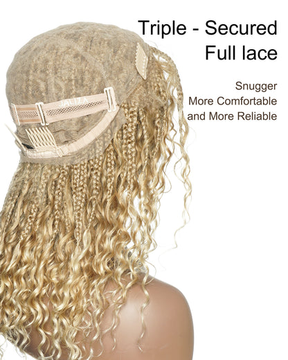 18" Blend 1B 27 613 Color HD Full Lace Human Hair Boho Curls Short Braided Wig