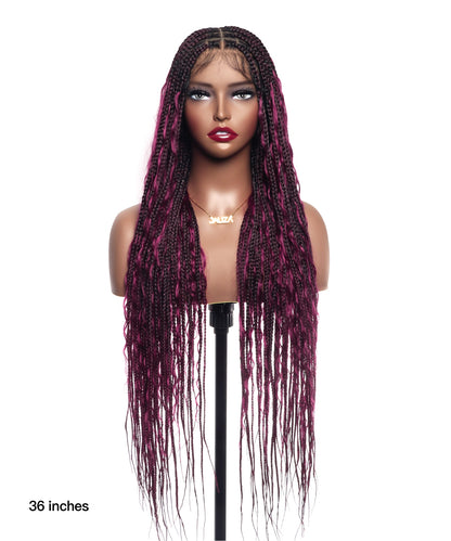 Human Hair Boho Box HD Lace Braided Wig 36 Inches 88 Strands - Burgundy