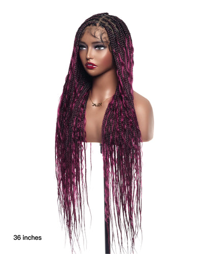 Human Hair Boho Box HD Lace Braided Wig 36 Inches 88 Strands - Burgundy