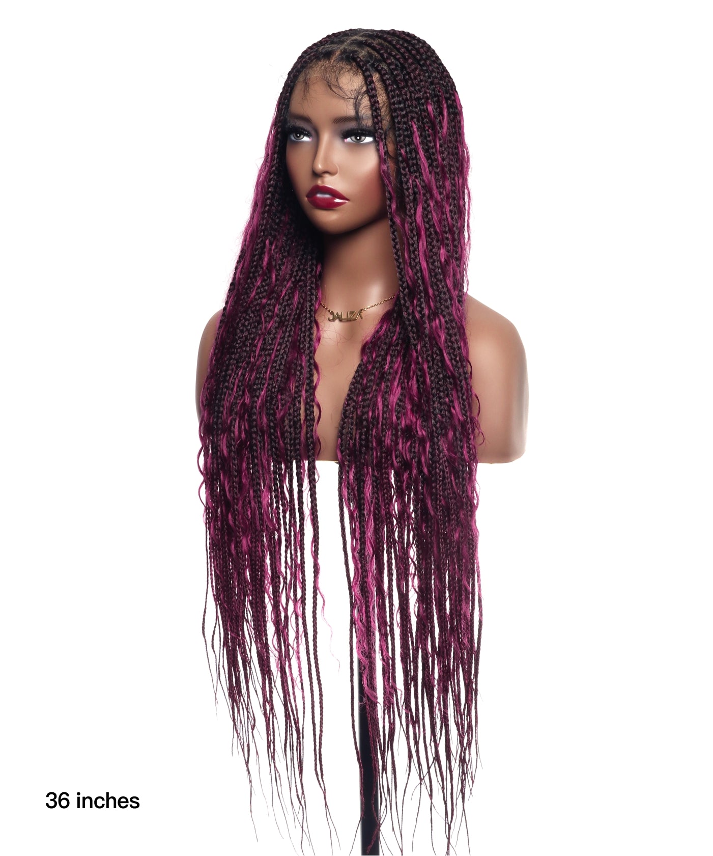 Human Hair Boho Box HD Lace Braided Wig 36 Inches 88 Strands - Burgundy