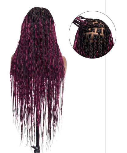 Human Hair Boho Box HD Lace Braided Wig 36 Inches 88 Strands - Burgundy