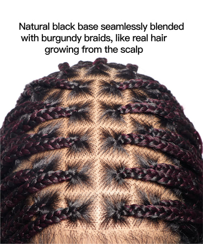 Human Hair Boho Box HD Lace Braided Wig 36 Inches 88 Strands - Burgundy