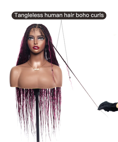 Human Hair Boho Box HD Lace Braided Wig 36 Inches 88 Strands - Burgundy