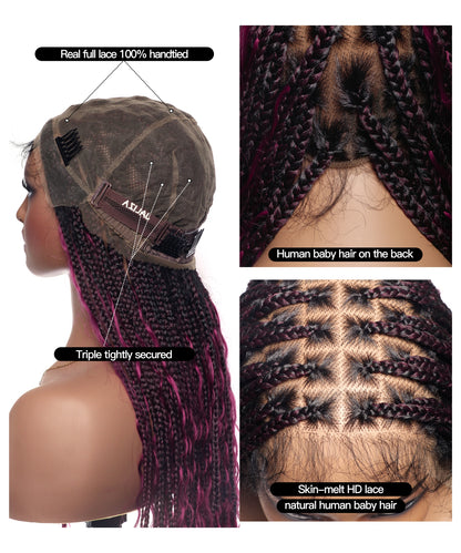 Human Hair Boho Box HD Lace Braided Wig 36 Inches 88 Strands - Burgundy