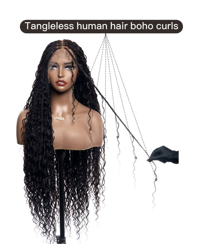 36" Ultra-dense Pre Bleached Human Hair Lace Tangleless Knotless Boho Box Braided Wig