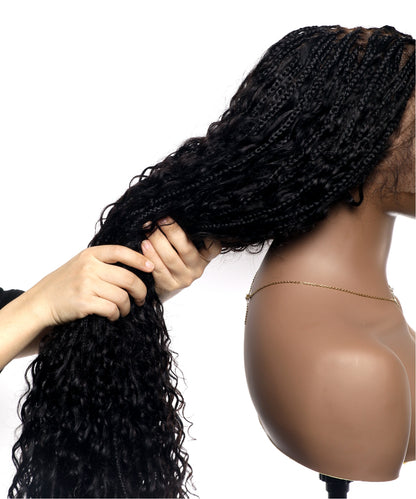 36" Ultra-dense Pre Bleached Human Hair Lace Tangleless Knotless Boho Box Braided Wig