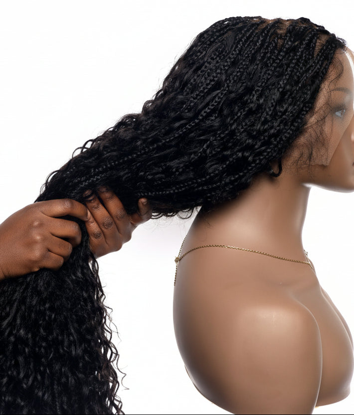 Ultra-Dense Pre Bleached Swiss HD Lace Human Hair Curls Knotless Boho Box Braided Wig