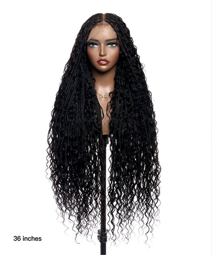 36" Ultra-dense Pre Bleached Human Hair Lace Tangleless Knotless Boho Box Braided Wig