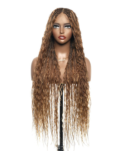 36" Blend Color #30/27 Pre Bleached Human Hair HD Lace Super High Density Tangleless Knotless Boho Box Braided Wig