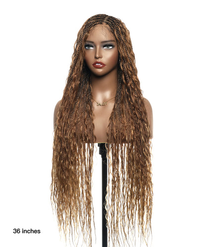 36" Blend Color #30/27 Pre Bleached Human Hair HD Lace Super High Density Tangleless Knotless Boho Box Braided Wig