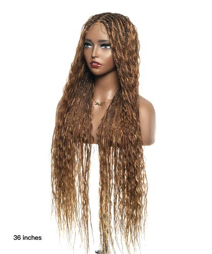 36" Blend Color #30/27 Pre Bleached Human Hair HD Lace Super High Density Tangleless Knotless Boho Box Braided Wig