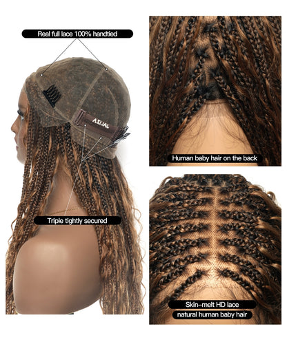 36" Blend Color #30/27 Pre Bleached Human Hair HD Lace Super High Density Tangleless Knotless Boho Box Braided Wig
