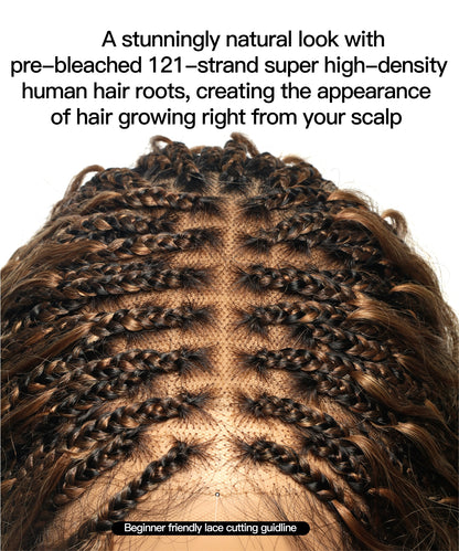 36" Blend Color #30/27 Pre Bleached Human Hair HD Lace Super High Density Tangleless Knotless Boho Box Braided Wig