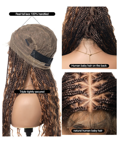 Triangle Base Full Lace Tangleless Human Hair Boho Curls Knotless Boho Box Braided Wig 36"（US only）