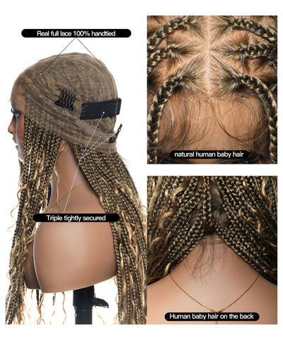 Triangle Base Full Lace Tangleless Human Hair Boho Curls Knotless Boho Box Braided Wig 36"（US only）